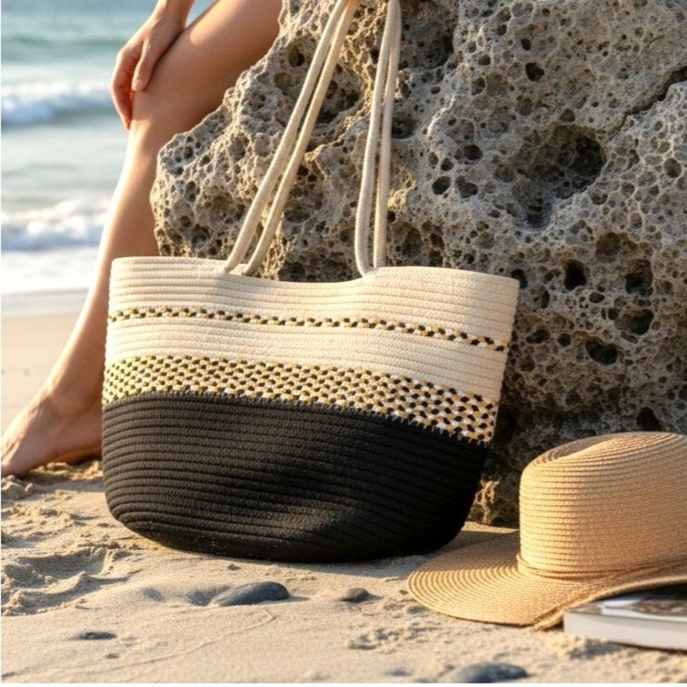 Woven Cotton Rope Tote Bag in Cream Black Yellow Geometric Design
